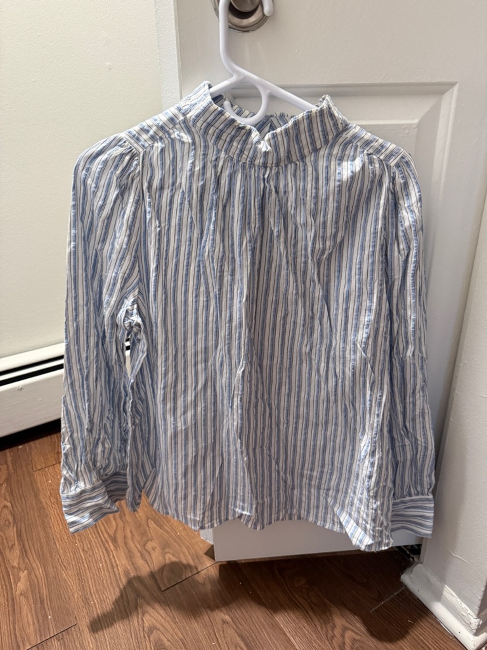 Striped Mock Neck Button-Back Blouse - Blue and White
